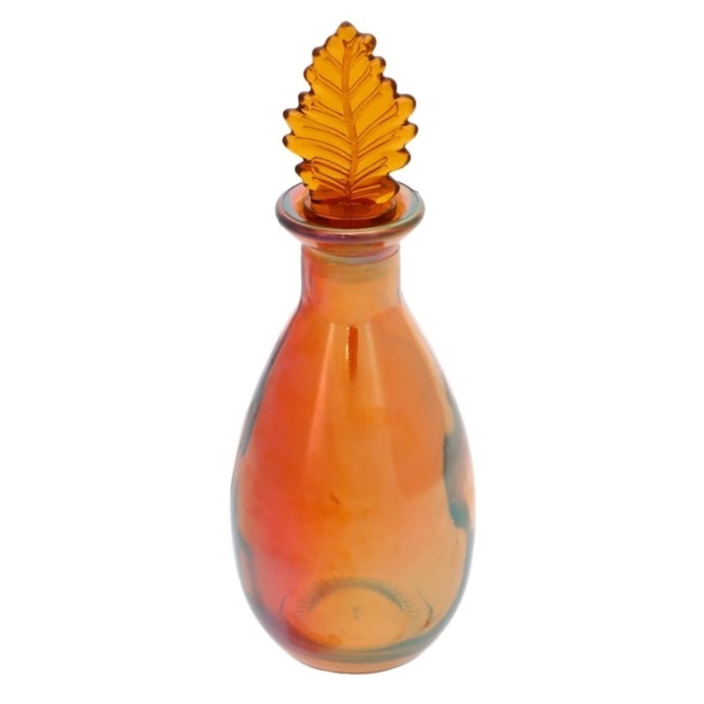 NWT Amber Iridescent Glass Vase with Leaf Stopper
